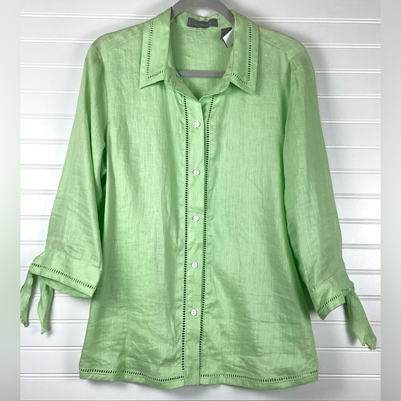Liz Claiborne 100% Linen Lime Green 3/4 Sleeve Button Down top & Pants  Large - Picture 1 of 12